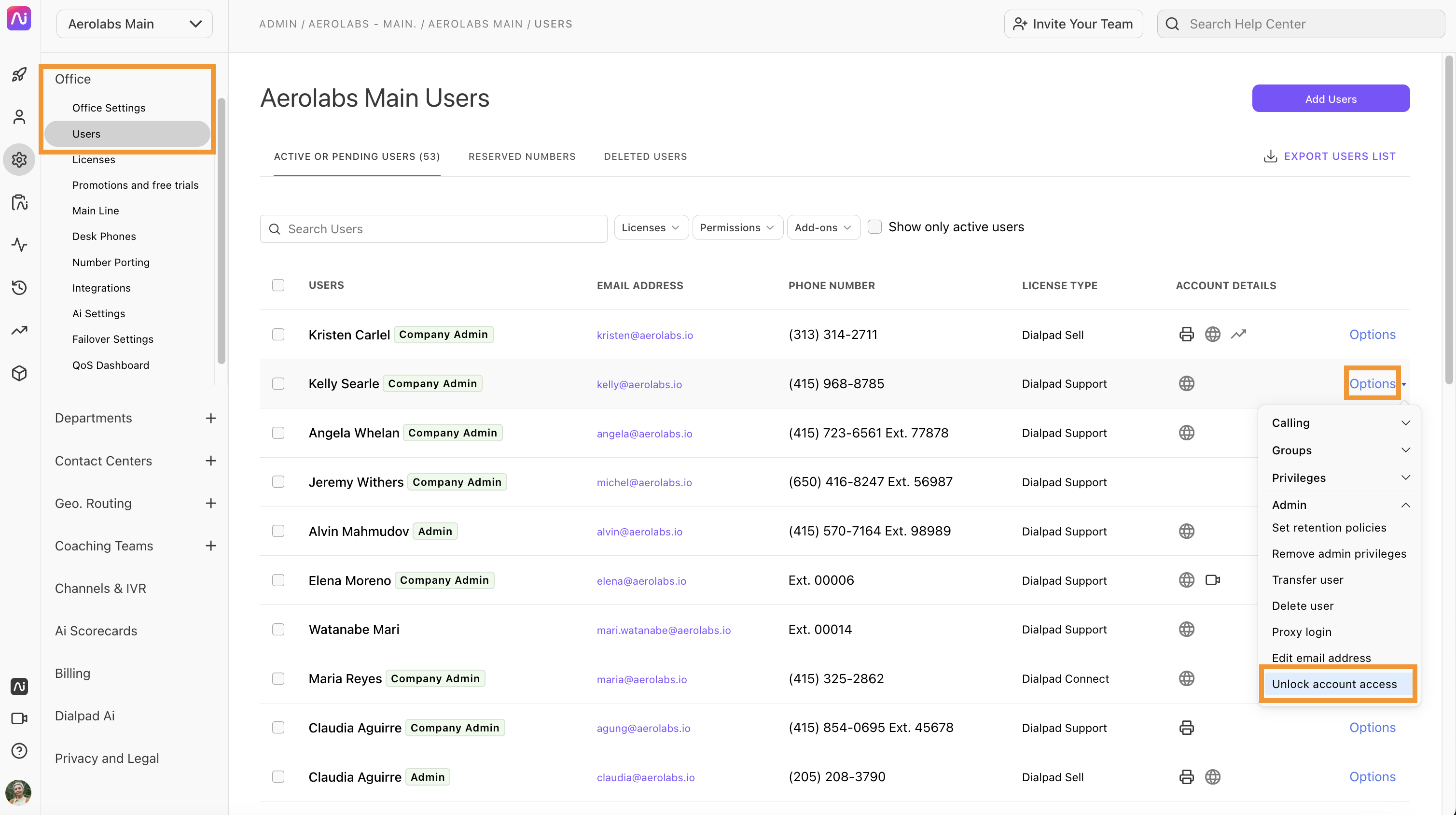 User management interface displaying active users and account options to unlock an account that's been locked.